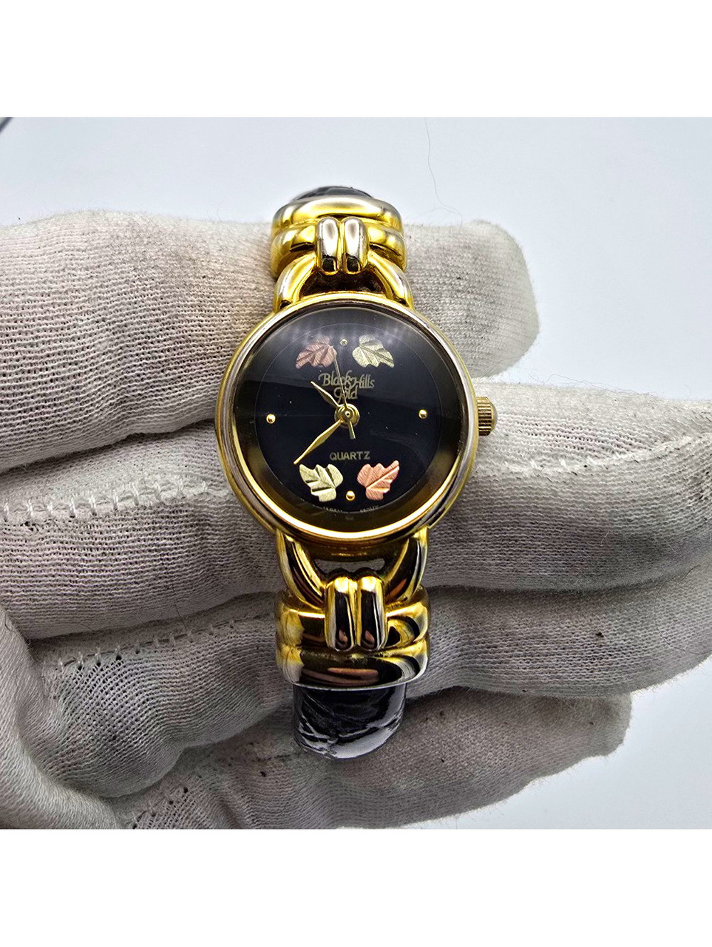 Black Hills Gold Women’s Quartz Analog Watch Black Dial Gold Tone Leather Strap